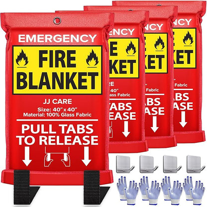 JJ CARE Fire Blanket ??4 Packs with Hooks and Gloves ??40??x 40??Fire Blankets Emergency for Home and Kitchen, High Heat Resistant and Flame Protection for Kitchen, Car, Office, Camping & Home Safety