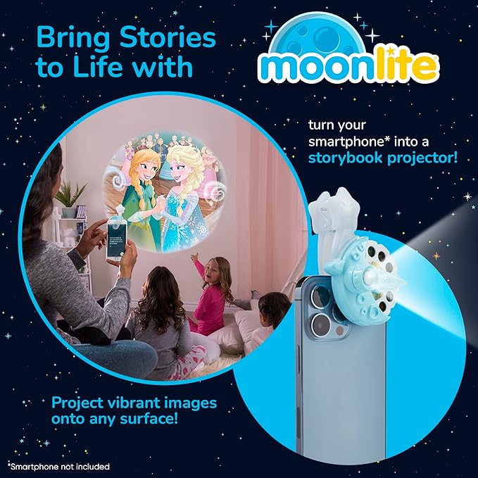 Moonlite Storytime Mini Projector with 4 Disney Frozen Stories, A Magical Way to Read Together, Digital Princess Storybooks, Fun Sound Effects, Learning Gifts for Kids Ages 1 and Up