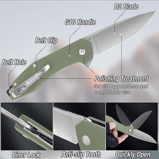 FLISSA Pocket Knife, Folding Tactical Knife with G10 Handle, D2 Blade, Liner Lock, Pocket Clip, EDC Knife for Hiking, Camping, Survival, Indoor and Outdoor Activities(Green)
