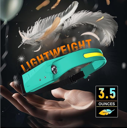 EGUKU Headlamp Rechargeable, Rechargeable LED Headlamps 1200Lumens 2 COB 230°Wide Beam Headlight with Motion Sensor Bright 5 Modes Lightweight Waterproof Head Lamp for Outdoor Running, Camping Hiking