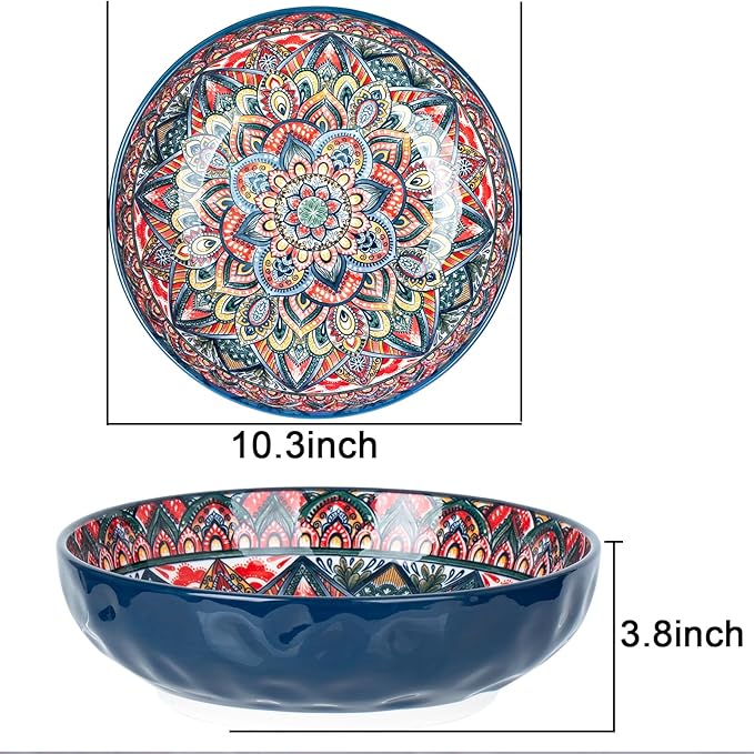 75 Oz Serving Bowls,Bohemian Style Large Porcelain Dishes for Entertaining Parties,Big Bowls for Eating Soup, Salad, Pasta, Fruit, Chips, 10.3 Inch Diameter (blue.red)