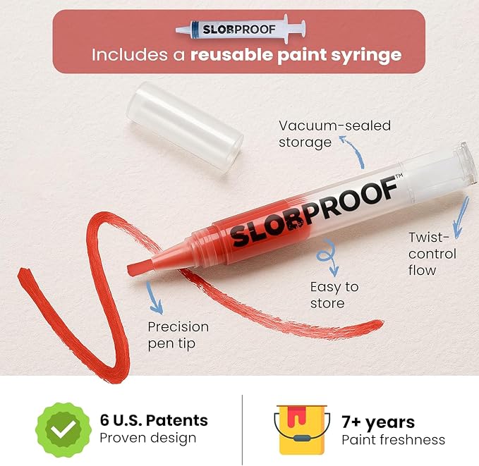 Slobproof Refillable Touch-Up Paint Pen, Mess-Free, Reusable Wall Paint Repair Tool, Precise Application, DIY Home Improvement, Furniture, Arts and Crafts, Patented Design, Easy Storage, Pack of 2
