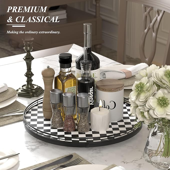 16" Black and White Kitchen Lazy Susan Turntable, Round Checkered Decorative