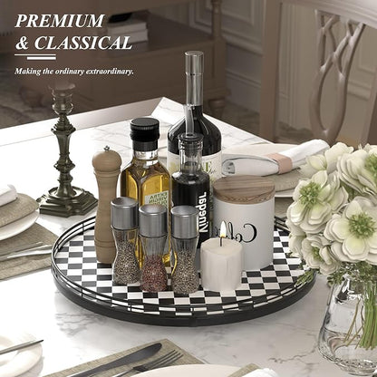 16" Black and White Kitchen Lazy Susan Turntable, Round Checkered Decorative