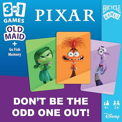 Bicycle Disney and Pixar 3-in-1 Card Games, Old Maid, Go Fish & Memory, Featuring Toy Story, Finding Nemo & Inside Out Characters, Kids Card Games Ages 4+, Family Games for 2-6 Players