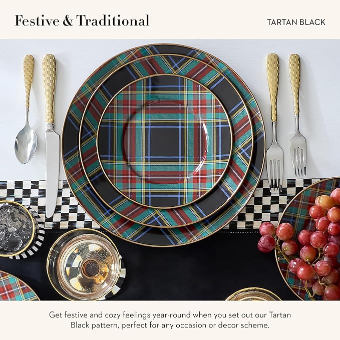MACKENZIE-CHILDS Enamel Serving Platter, Decorative Serving Platter for Food, 16 Inches, Black Tartan