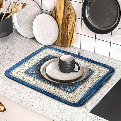 Blue Boho Dish Drying Mat for Kitchen Counter 16x18 Inch Fast Dry Drying Pad