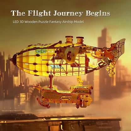 LED 3D Wood Puzzle Fantasy Airship Model - Steampunk DIY Craft Kit with LED Lights – Intricate Wooden Airship Model Building Set for Teens and Adults(White)