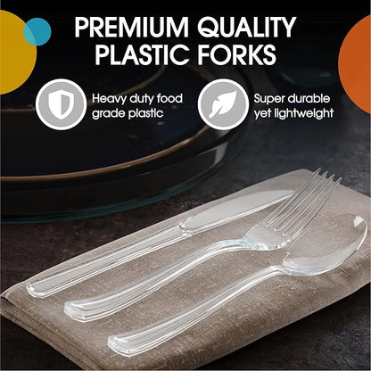 Party Solids Clear Plastic Silverware Heavy Duty 300 Pieces Clear Plastic Cutlery Sets, Utensil Sets, 100 Of Each Forks, Knives & Spoons Disposable Cutlery Set, Flatware Set For Party Supplies
