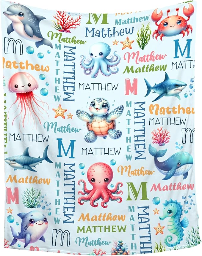 Personalized Baby Blanket for Girls Boys Kids Turtle Sea Animals Custom Baby Blanket with Name Throw Birthday Gift for Toddlers Infants Shower Newborns Nursery Stroller Crib Bed Decor