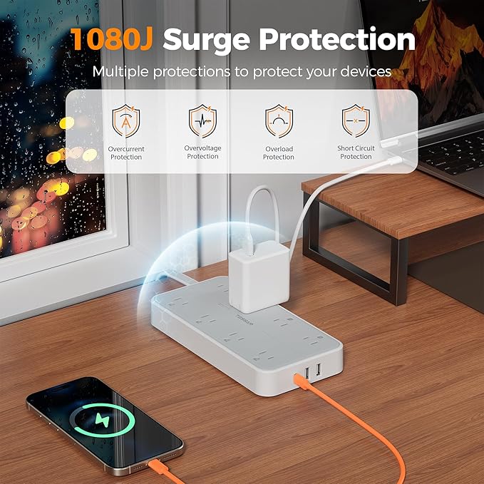 TESSAN Flat Plug Extension Cord 6 FT, Surge Protector Power Strip