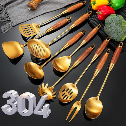 Gold Kitchen Utensils Set, Solid and Slotted Spoon, Slotted Tunner, Spaghetti
