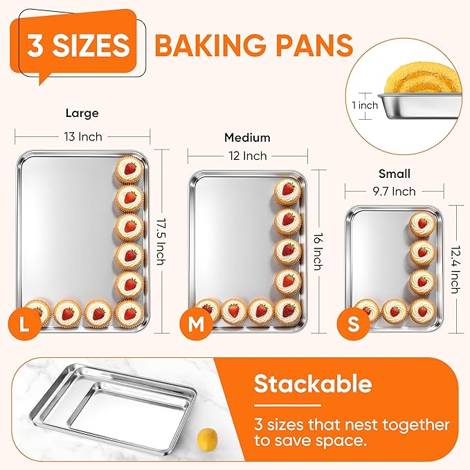 LIANYU Baking Sheet Pans Set of 3, Stainless Steel Cookie Sheets