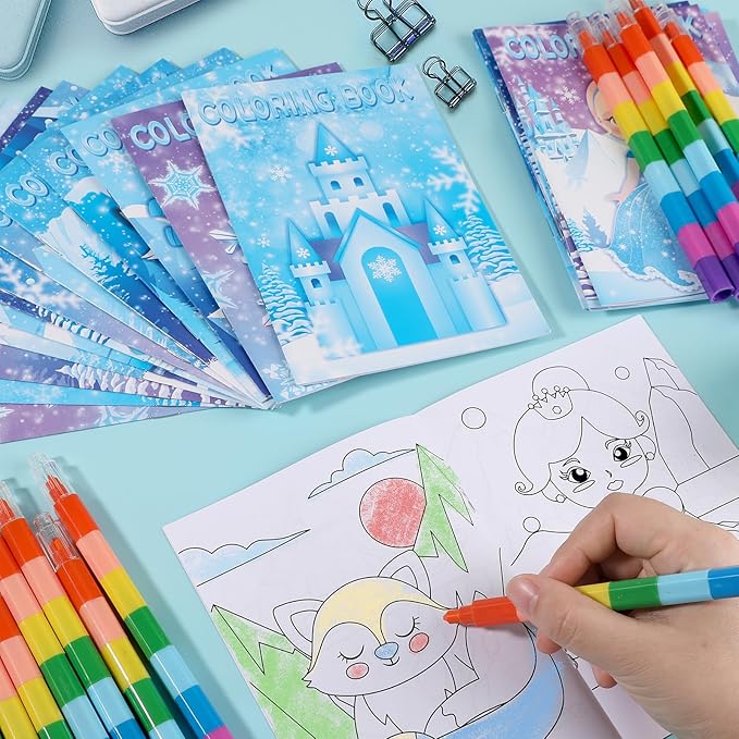 BenLouis 12 Frozen Mini Coloring Books Kids with 12 Stacking Crayons Winter Snowflake Themed Party Favors Small Activity Books Bulk for Kids Frozen Christmas Classroom Party Gift Goodie Bag Stuffers