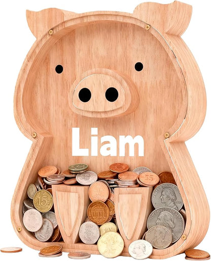 Personalized Wooden Piggy Bank for Kids, Custom Name Cute Wood Bank Large for Boys Initial Coin Bank Personalized Wood Money Save Box for Birthday Christmas and Festival
