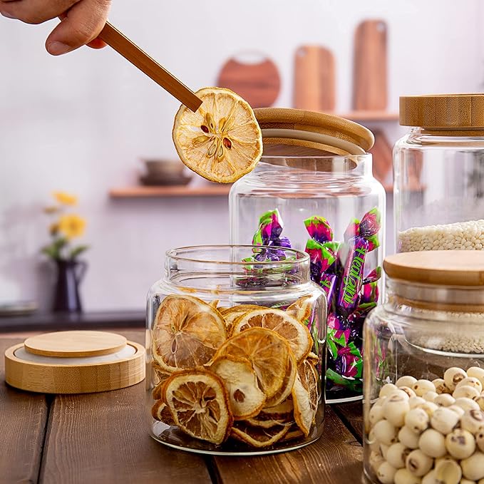 480 ml / 16 oz clear cute glass storage canister holder with airtight bamboo lid, modern decorative small container jar for coffee, spice, candy, salt, cookie, condiment, pepper, sugar