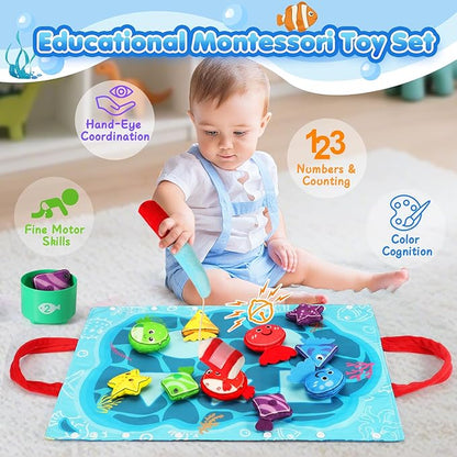 Montessori Toys for 1 Year Old - 17 in 1 Cloth Toddler Fishing Game with Stacking Cups Color Sorting, Baby Toy 12-18 Months One Year Old Boy Birthday Gift, Toddler Toys for 1 2 Year Old Boy Girl Gifts