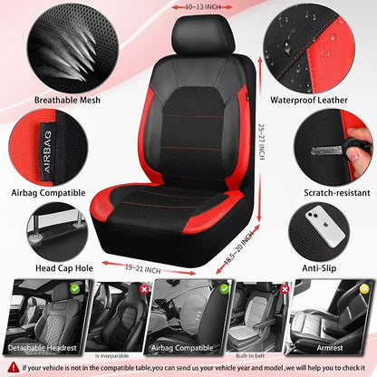CAR PASS Universal Leather car seat Covers Sport fits Most Cars, SUVs, Trucks, and Vans (Full Set, Black Red)