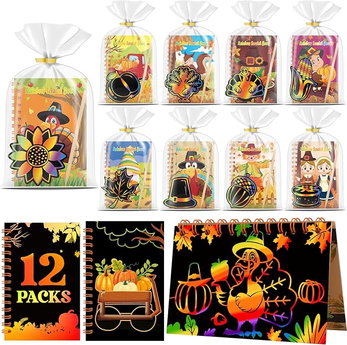 12 Pack Thanksgiving Scratch Art Party Favors for Kids - Rainbow Scratch Paper with Fall Party Scratch Off Cards Easter Birthday Goodie Bags Stuffers - Return Gifts DIY Classroom Prize