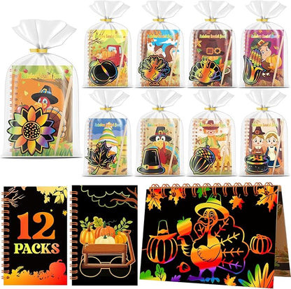 12 Pack Thanksgiving Scratch Art Party Favors for Kids - Rainbow Scratch Paper with Fall Party Scratch Off Cards Easter Birthday Goodie Bags Stuffers - Return Gifts DIY Classroom Prize