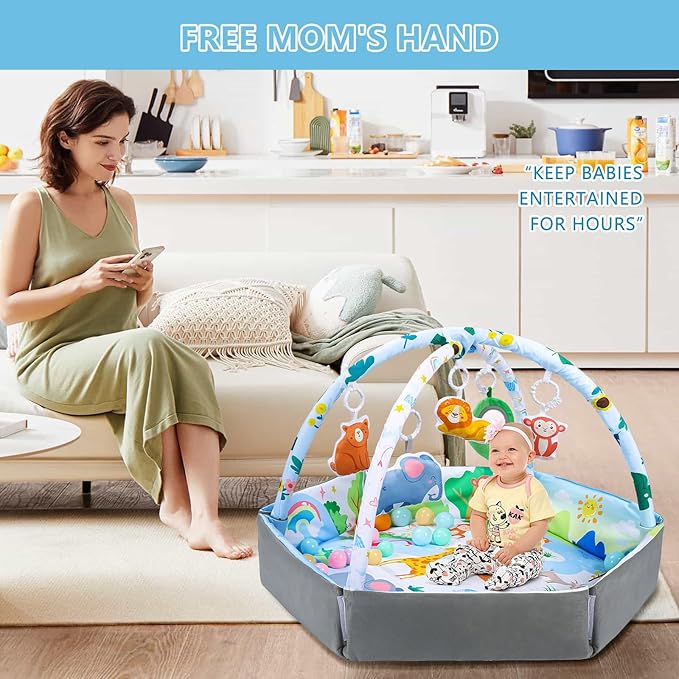 Baby Gym Play Mat, 8-in-1 Tummy Time Mat & Activity Gym Mat Ball Pit with Detachable Toys, Washable Infant Play Mat for Visual, Hearing, Sensory, Motor Development, Newborn Baby Toys Gift for Toddler 0-3-6-9-12 Months Easy to Install