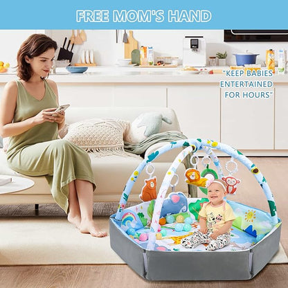 Baby Gym Play Mat, 8-in-1 Tummy Time Mat & Activity Gym Mat Ball Pit with Detachable Toys, Washable Infant Play Mat for Visual, Hearing, Sensory, Motor Development, Newborn Baby Toys Gift for Toddler 0-3-6-9-12 Months Easy to Install