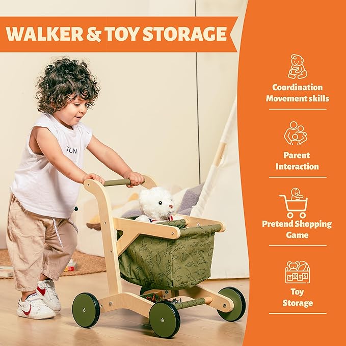 Kids Shopping Cart & Wooden Baby Walker – Baby Doll Stroller for Toddlers 1-3, Push Toy Walker, Montessori Toddler Walking Toy & Baby Shopping Cart – Durable Toddler Walker Push Toy