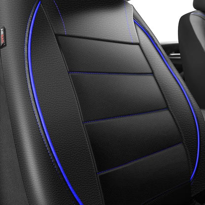 CAR PASS Universal FIT Piping Leather Two Front Seat Covers, Waterproof Faux Leather for SUV Sedan Van Truck, Airbag Compatible,Reserved Opening Holes for Headrest Covers. (Black and Blue)