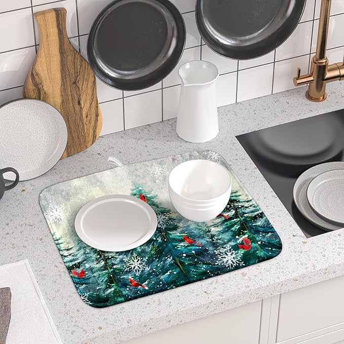 Pine Tree Dish Drying Mat for Kitchen Countertop Red Bird Dishes Mats Winter