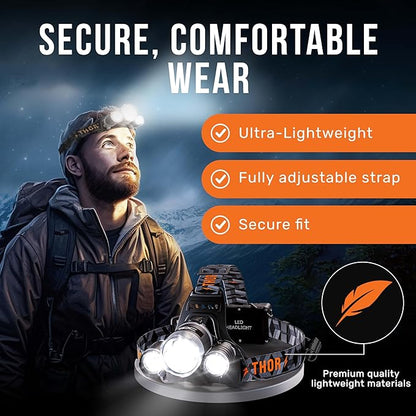 TDC Head Lamp Led Rechargeable Super Bright - USB-C Headlamp for Adults - Head Lights for Forehead - 1080 Lumen Head Flashlight - 10HR Battery for Hardhat, Camping, Hunting, Work