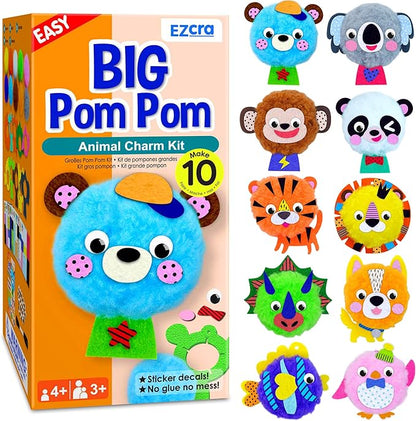 EZCRA Big Pom Pom Animal Craft Kit for Kids Ages 4-6 - DIY Pom Pom Crafts for Girls Boys Toddlers - Make 10 Plush Animals - Mess Free Arts and Crafts Kit