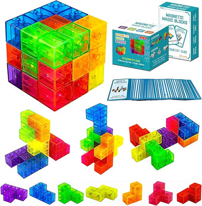 Magnetic Building Blocks Magic Magnetic 3D Puzzle Cubes, Set of 7 Multi Shapes Magnetic Blocks with 54 Guide Cards,Parent-Child Interactive Children's Educational Toys (7color)