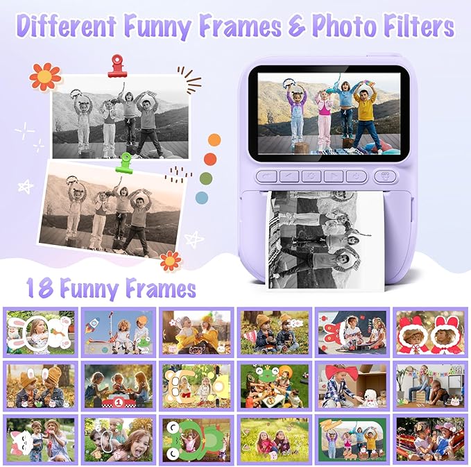 Kids Camera Instant Print, 3.0" HD 32MP Kids Camera Christmas Birthday Gifts for 3 4 5 6 7 8 9 10 11 12 Year Old Girls Boys, 32GB SD Card-Purple