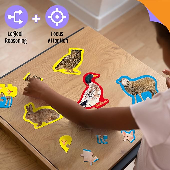 12 Pack Realistic Animal Puzzles, 48 Pieces Step-by-Step Animal Jigsaws, Farm Animal Jigsaw Puzzles with Back Footprint Guide Early Learning for Beginner Preschool Toddlers 3+