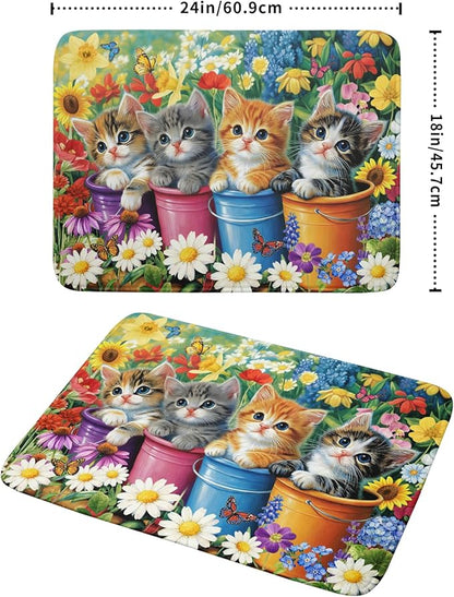 Lovely Cat Drying Mat for Kitchen Counter Colorful Flower Absorbent Coffee Bar