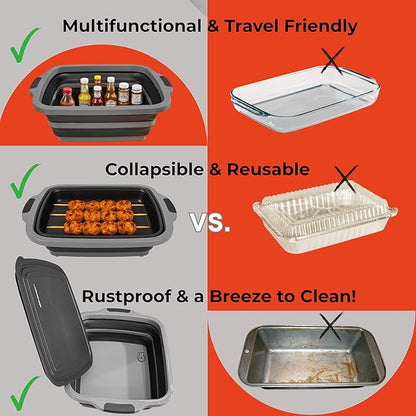 Collapsible X-Large (16L) BBQ Marinating Tub w/Cutting Board | Multipurpose Food-Grade TPE Prep Tub w/Lid | Built-In Colander & Drain Plug - For Camping | Tailgate | Picnic - Slate Black