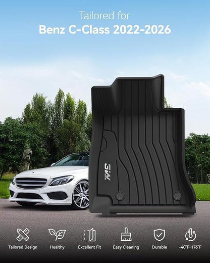 3W Floor Mats for Benz C-Class 2022-2026 C300/C43 AMG/C63 AMG S/C63 AMG S E (Sedan Only), TPE All Weather Custom Fit Floor Liner for Benz C Class, 1st & 2nd Row Car Mats, Black