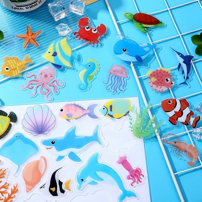 MARFOREVER 50 PCS Sea Animal Window Clings, Ocean Thick Gel Clings Stickers Removable Reusable Jelly Stickers Underwater Fish Shark Turtles Decals for Classroom Nursery Airplane Car Plane Decorations