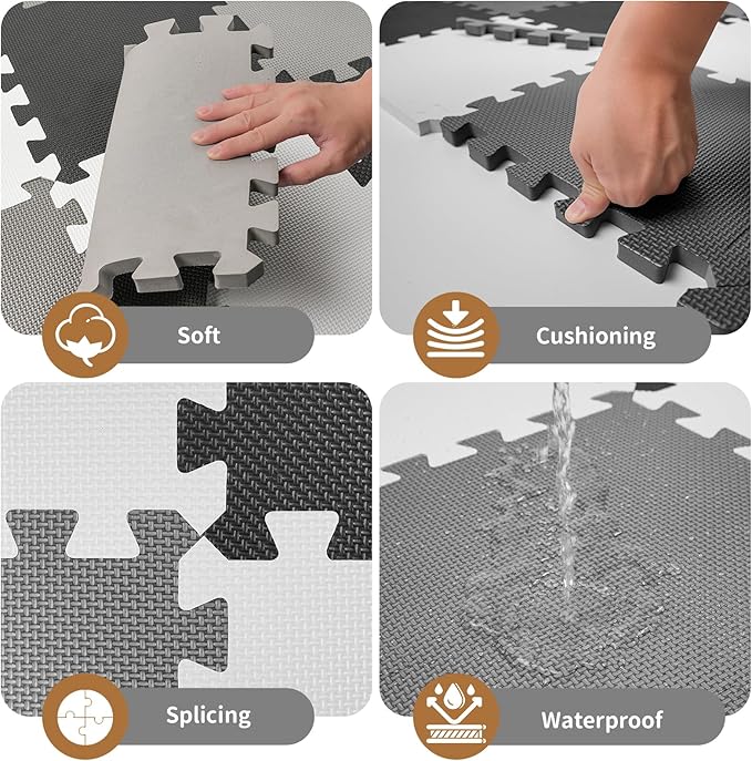 36Pcs Baby Play Mat for Floor, Foam Floor Tiles for Kids with Interlocking, Squares Foam Puzzle Carpet for Playroom,Crawling Rug for Babies 6-12 Months,Toddlers,11.8*11.8*0.6In Each,Grey White Black