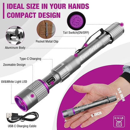 EverBrite Rechargeable Pen Flashlight with UV Light and White Light, 395nm Black Flashlight with Clip, Zoomable 4 Modes with Memory, USB C Cable, for Camping, Emergency, Pet Urine Detection,Grey