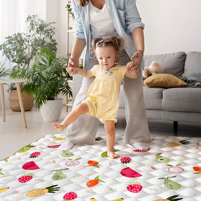 Baby Play Mat for Floor 50x50, Activity Mat, Thicken Soft Fabric Foam Play Mat for Baby, Washable Non-Slip Cushioned Crawling Mat for Babies, Infants, Toddlers（White Fruit