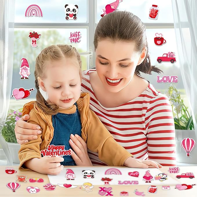 MARFOREVER 50 PCS Valentine's Day Gel Window Clings Stickers Reusable Cartoon Heart Love Rose Thick Gel Clings Decals for Valentine's Day Kids Classroom Party Window Glass Decoration