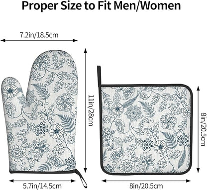 Blue Floral Oven Mitts Set – Vintage Pot Holders Kitchen Gloves