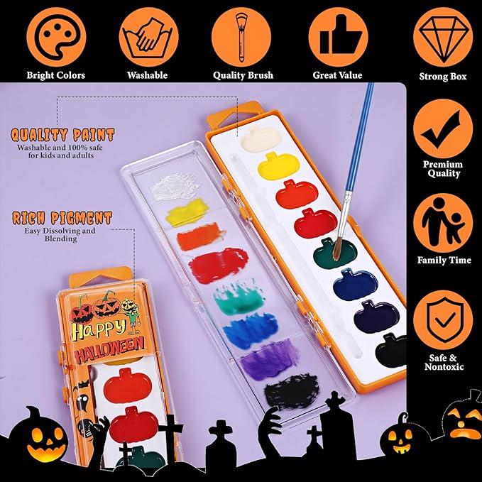 Halloween Pumpkin Watercolor Paint Set for Kids 8 Washable Colors with Brushes Water Color Painting Kit for Halloween Painting Kit Gift Party Supplies (60 Pack)