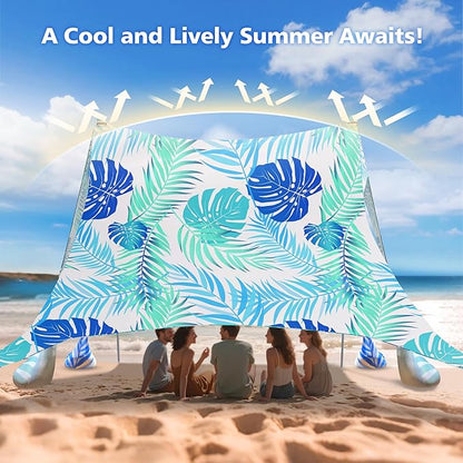 2PM SPORTS Beach Tent Canopy with UPF50+ UV Protection, Outdoor Large Beach Sun Shade Shelter for Family Picnic Camping Travel Shore Fishing, 8 Sandbags, Sand Shovel (Leaf, 10x10 FT)