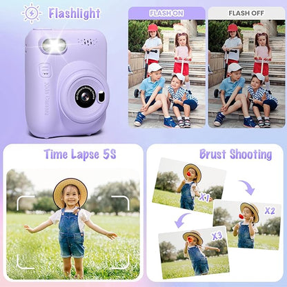 Kids Camera Instant Print, 3.0" HD 32MP Kids Camera Christmas Birthday Gifts for 3 4 5 6 7 8 9 10 11 12 Year Old Girls Boys, 32GB SD Card-Purple