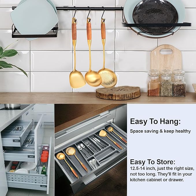 Gold Kitchen Utensils Set, Solid and Slotted Spoon, Slotted Tunner, Spaghetti