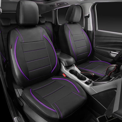 CAR PASS Piping PU Leather Car Seat Cover,Inside Zipper Design and Reserved Opening Holes Airbag Compatible,Universal FIT for Car, SUVs,Van,Trucks,Full Set, Black & Purple