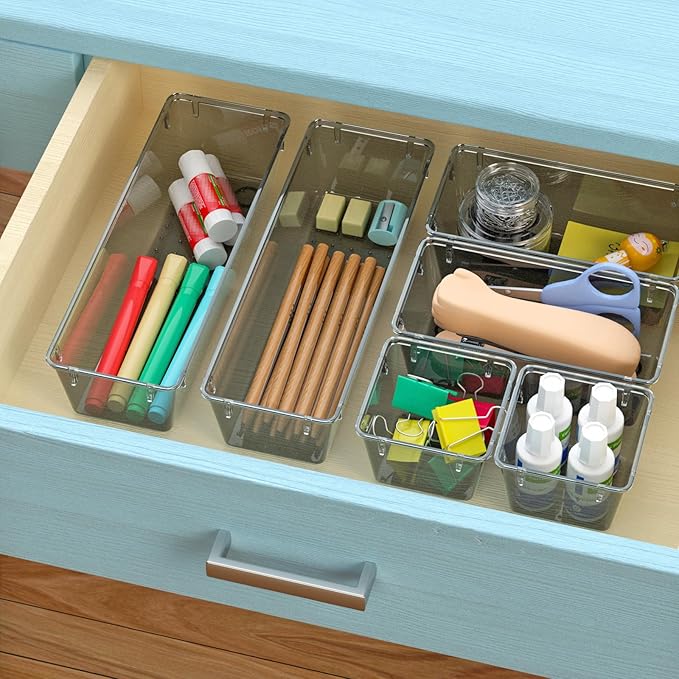 WOWBOX 6 Pack Clear Drawer Organizer Set, Acrylic Drawer Storage Trays