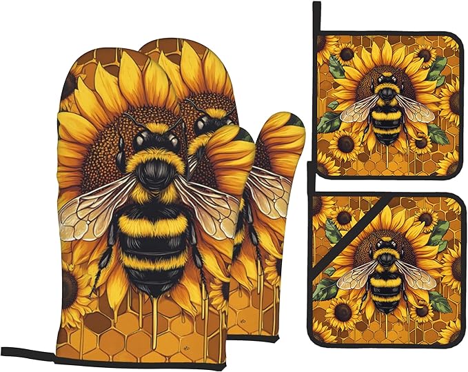 Sunflower Bee Oven Mitts and Heat Resistant Pads